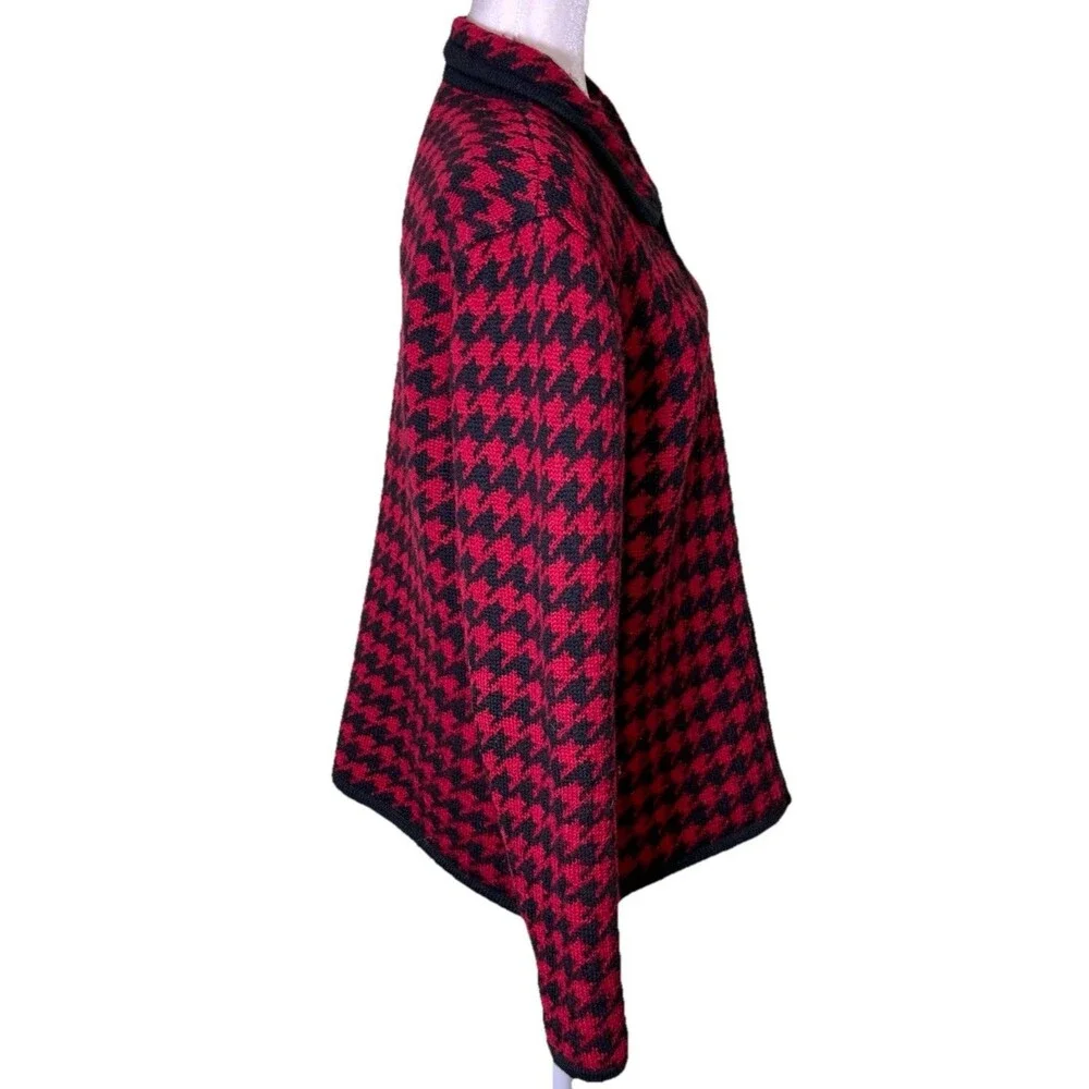 Women’s 100% Wool Red Black Houndstooth Zip Cardigan Classic Preppy Fall Size Lg